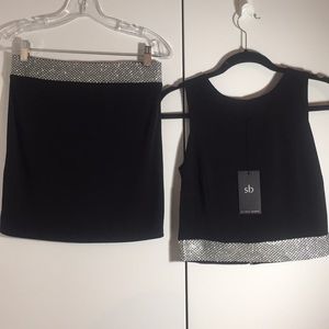 NWT Sheri Bodell black with rhinestone coord matching skirt & top set small